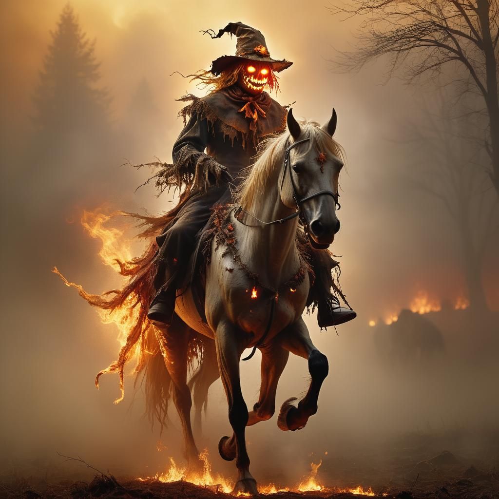 Ethereal Scarecrow Rider in a Misty Landscape