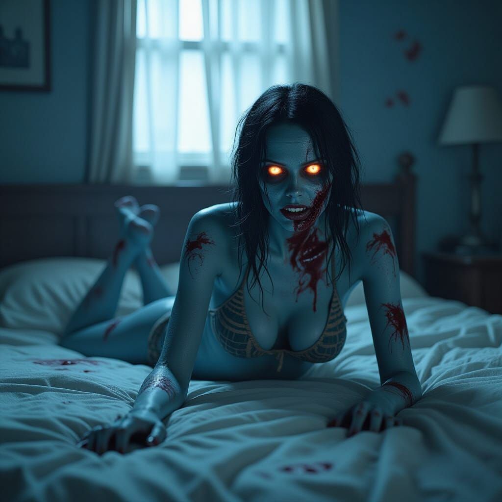 Blue Zombie in Eerie Room, Cinematic Horror Style
