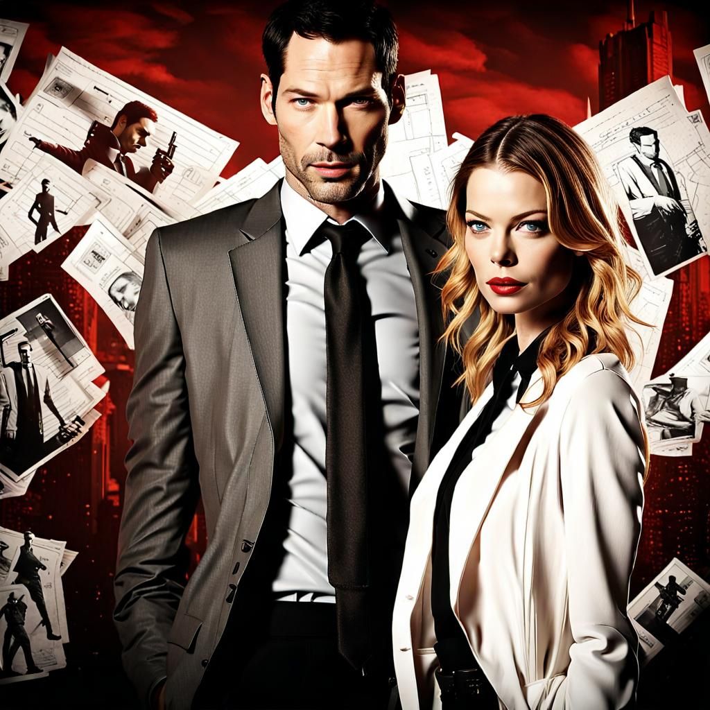 {(Actress “Lauren German” in her role as Detective “Chloe Decker” with a gun and police uniform in the series Lucifer) &...