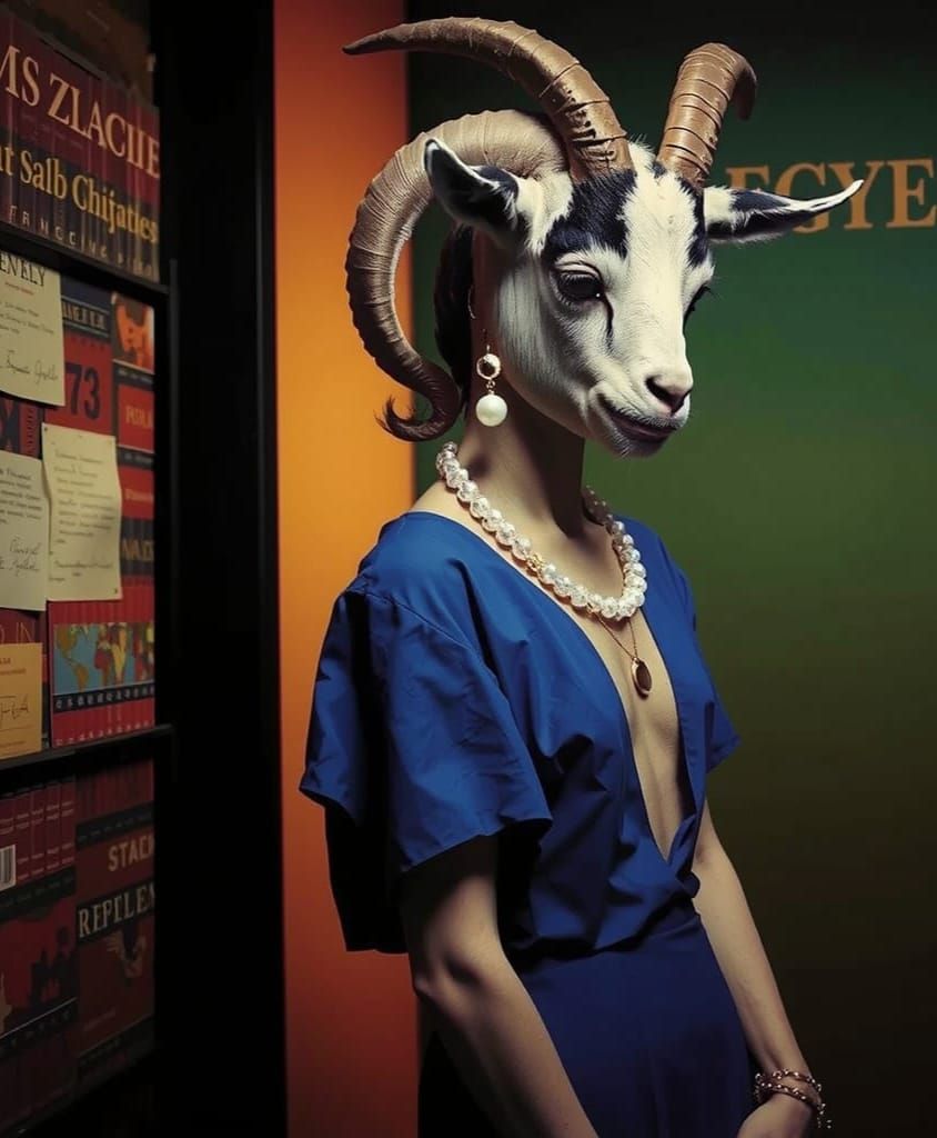 Nostalgic Pop-Art Portrait of a Goat in a Cyberpunk Landscap...