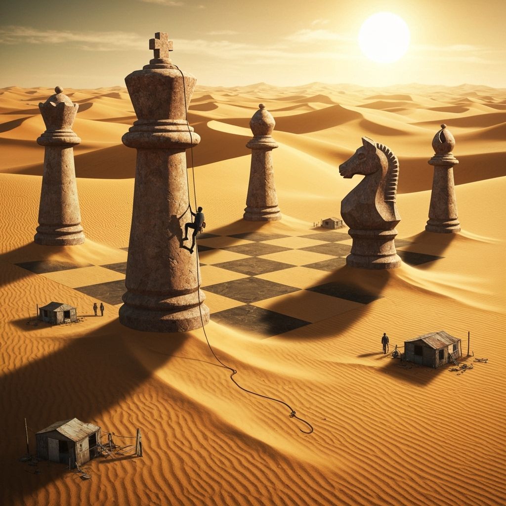 Colossal Desert Chessboard with Climbers, Surreal Realism