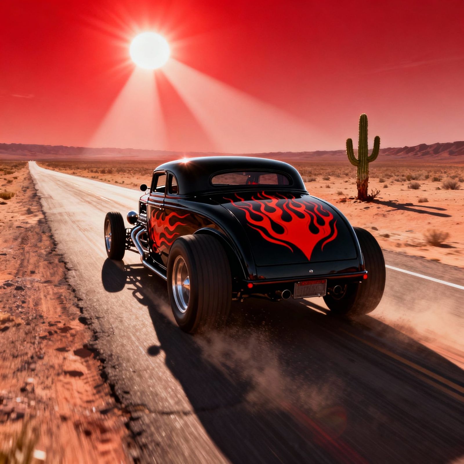 Black Hot Rod with Red Flames Speeds Through Desert