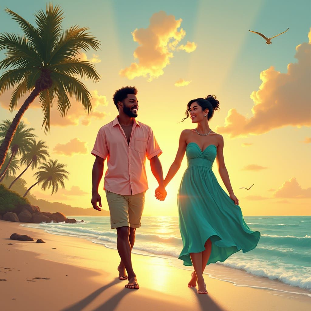 Couple Strolling on a Tropical Beach in a Fantastical Matte ...