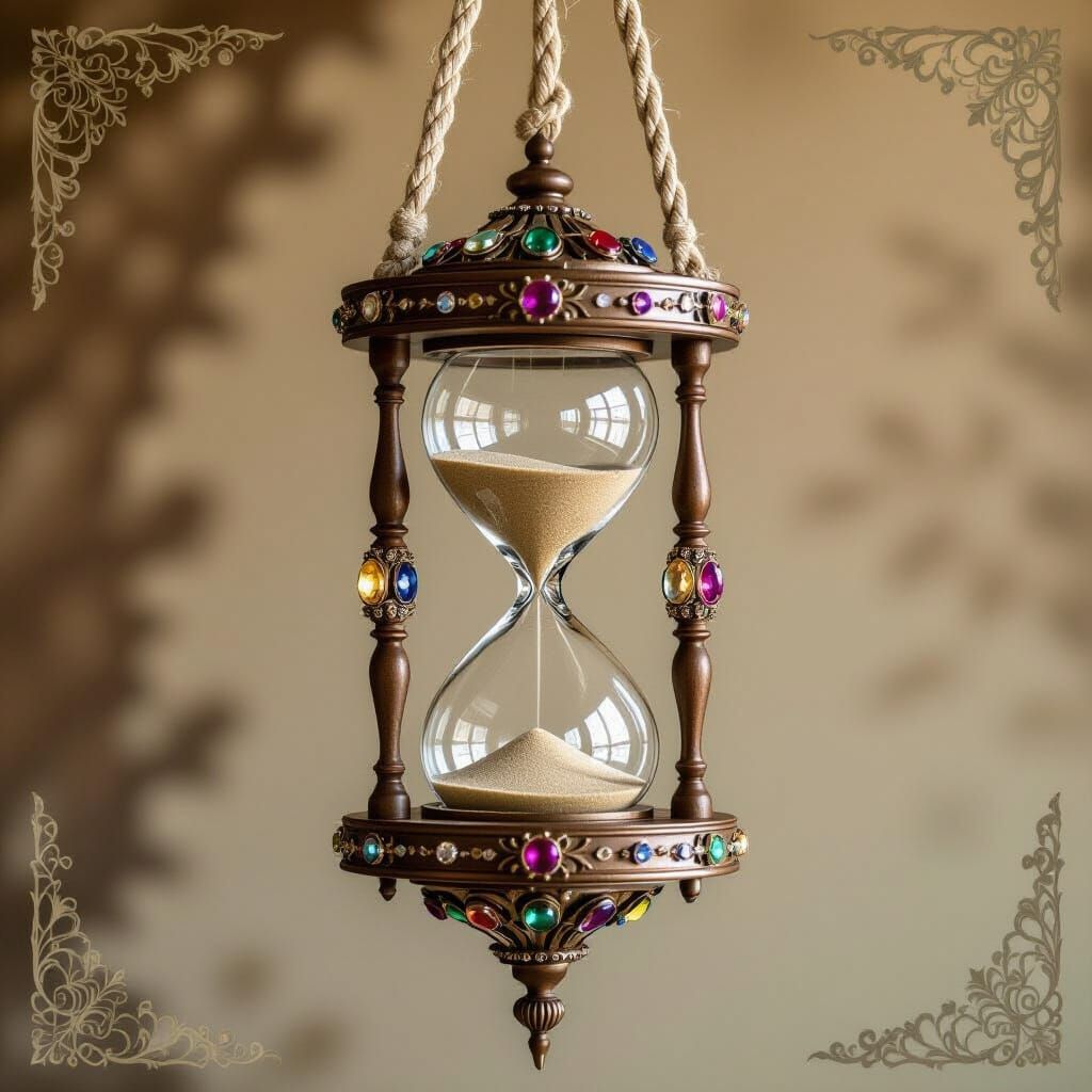 Jeweled Hourglass Suspended by Rope in Vintage Style