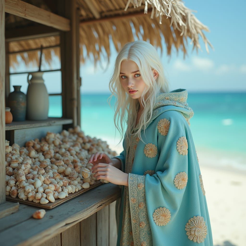 Whimsical Beach Scene with Seashell Seller in Dreamlike Styl...