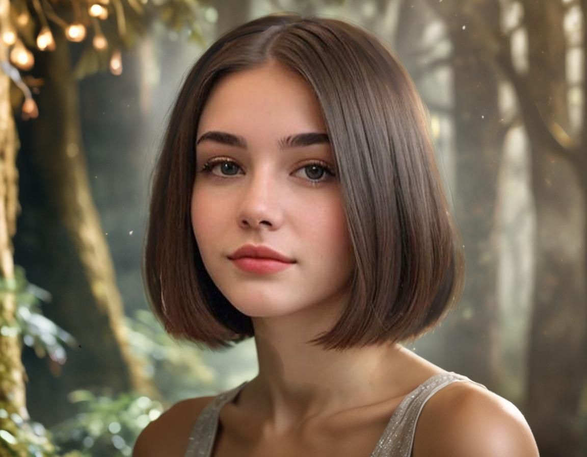 Lovely girl, short straight brown hair, forest background