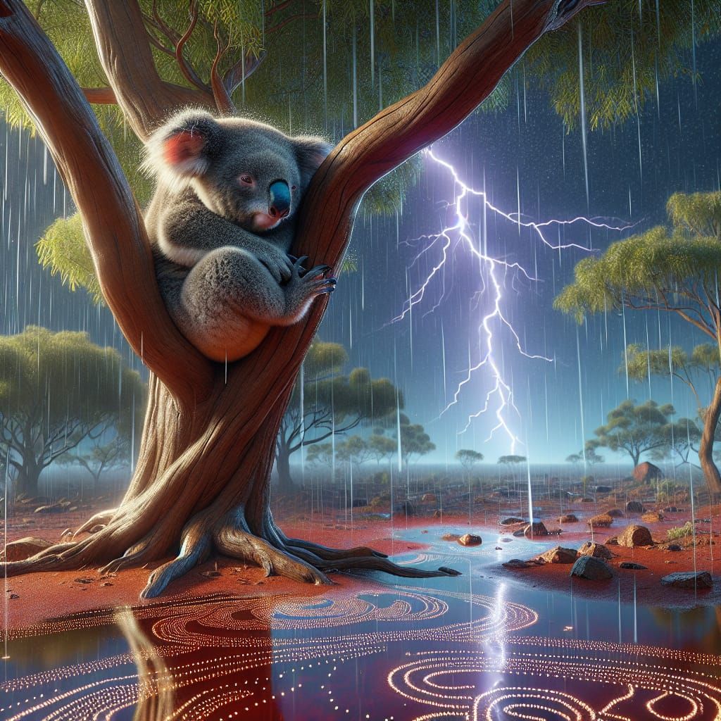 Koala Weathering a Summer Rainstorm in Dreamtime