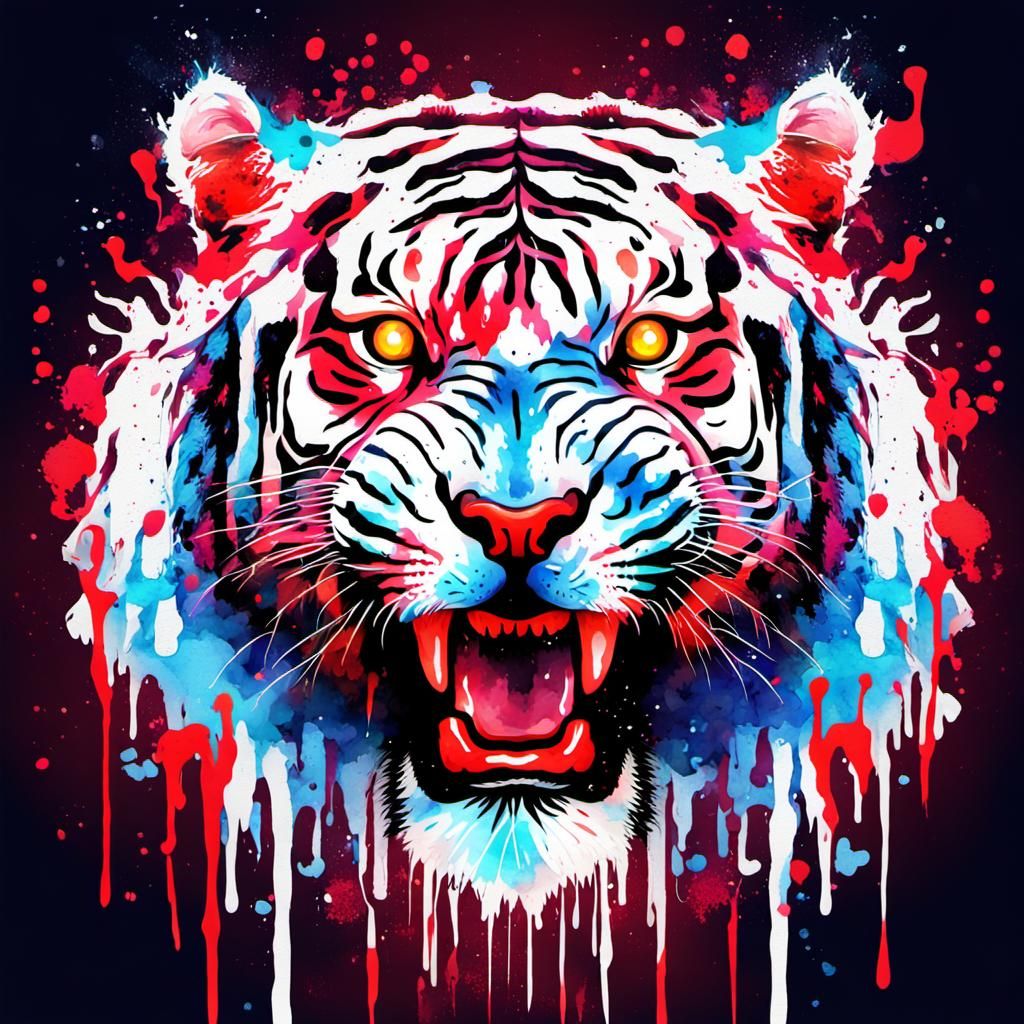 White tiger head red drippy paint