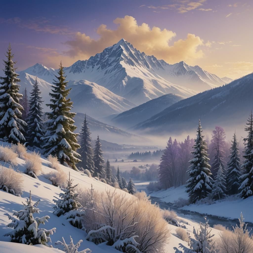 Misty Winter Mountains in Golden Light