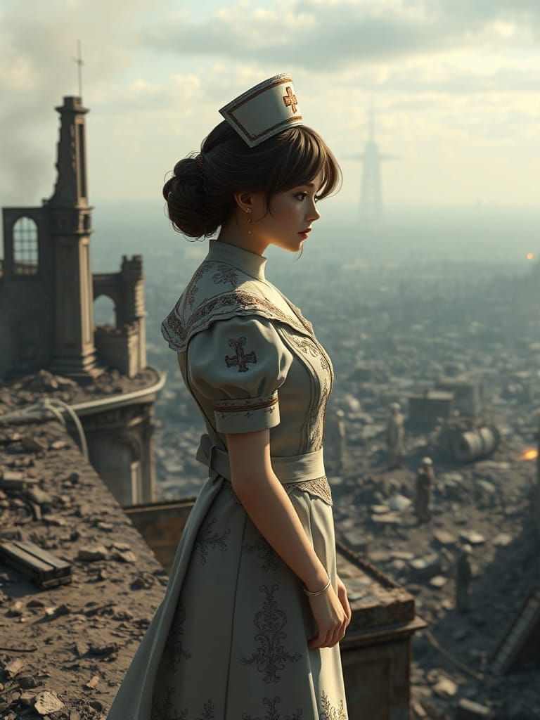 Sorrowful Farewell in a War-Torn Landscape, Anime Art