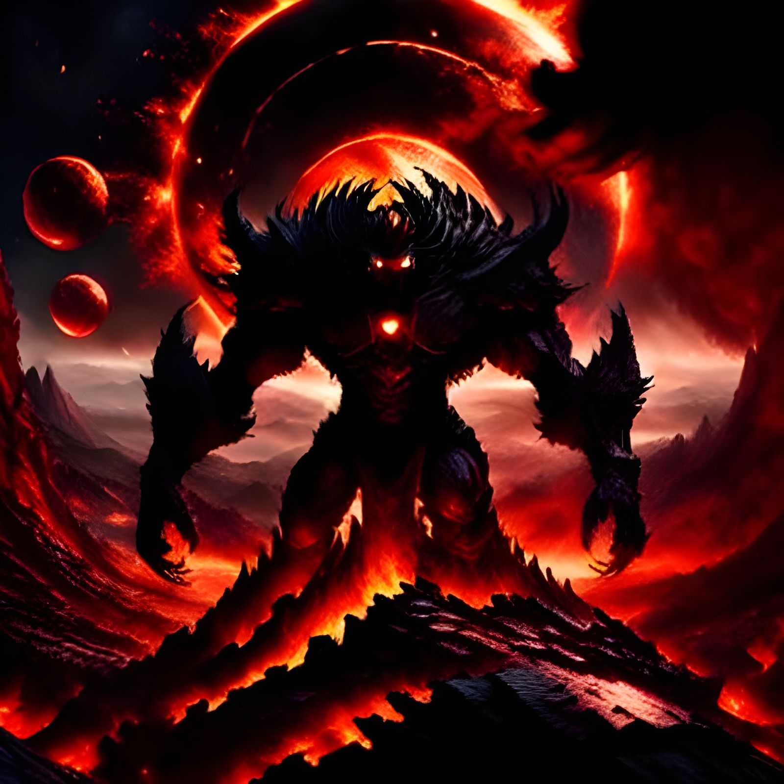 <lora:Evil and True evil:1.3> Blazing red eyed Demon from the depths of hell. A burning lake of fire full of tormented s...