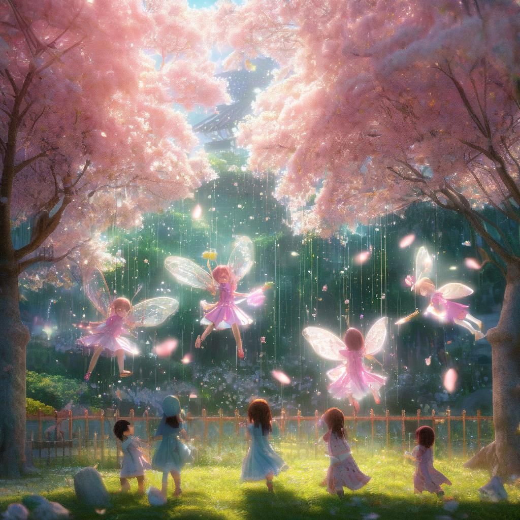 Children Playing in Dreamlike Anime Garden