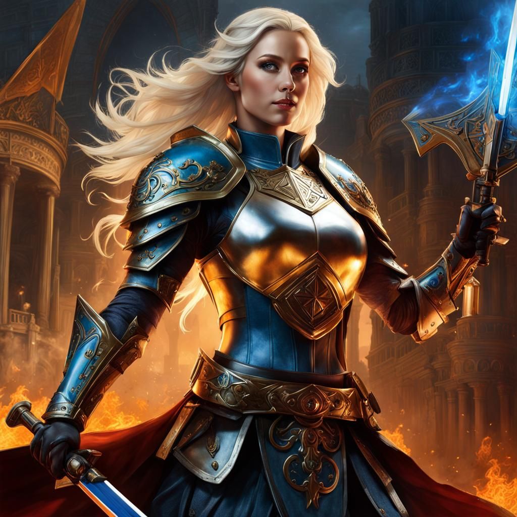 Smiling Paladin Woman Ready for Battle in Burning Palace