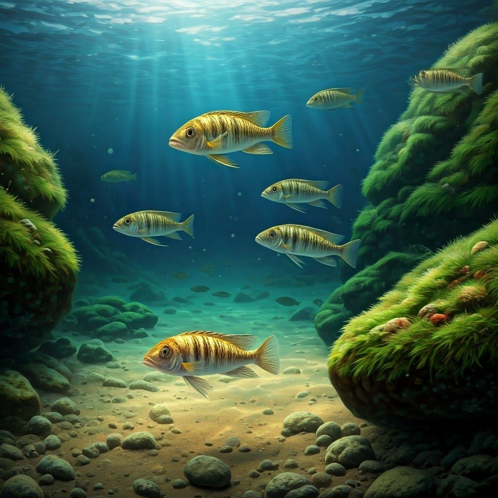 Lifelike Cichlids in Algae-Covered Lake Habitat