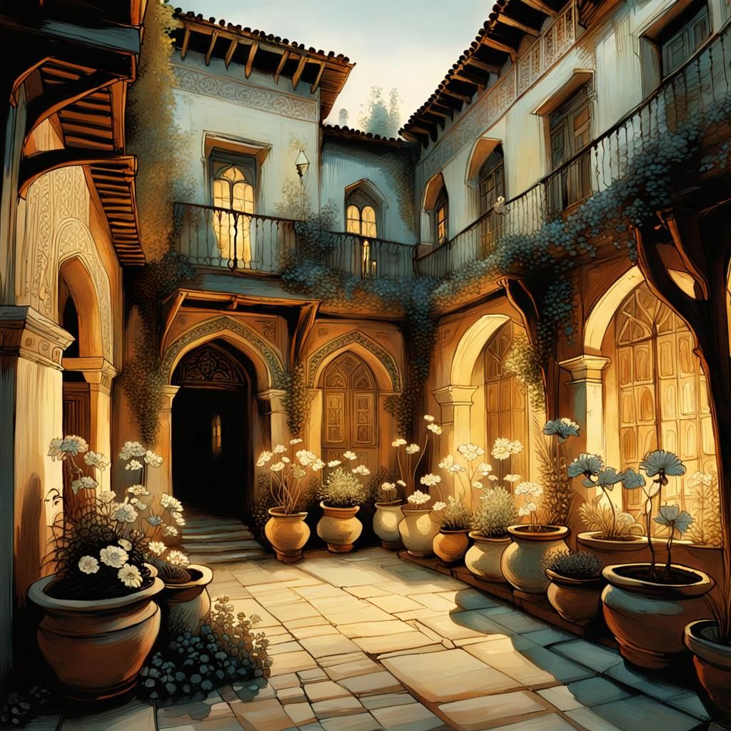 Dreamlike Arabic Courtyard Illustration with Flower Pots
