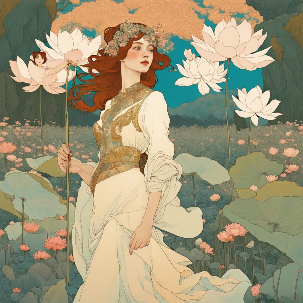 Dreamlike Princess Strolls Through a Vibrant Park in Art Nou...