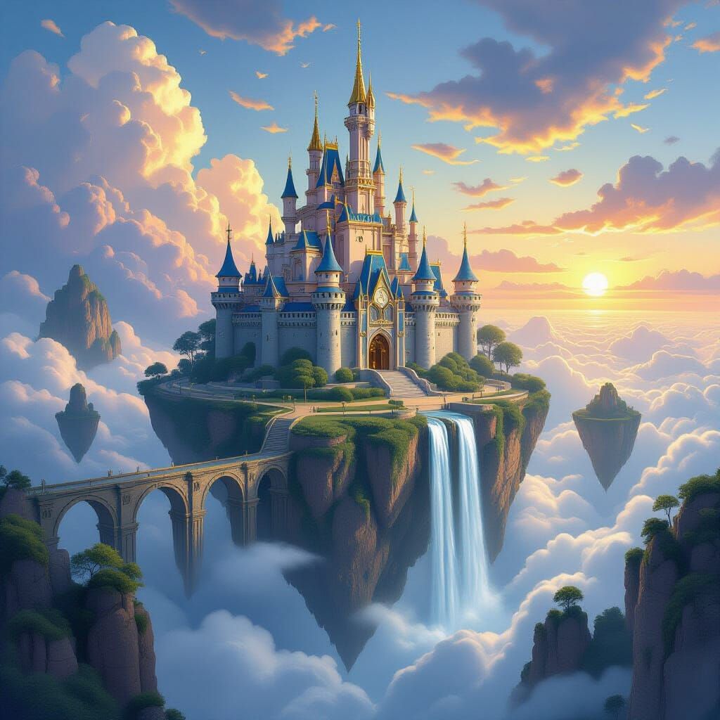 Art Deco Castle on Floating Island with Waterfalls