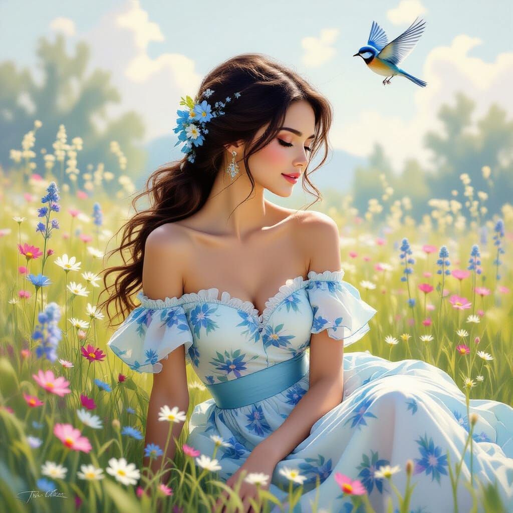 Woman Lounging in Sunlit Wildflower Meadow