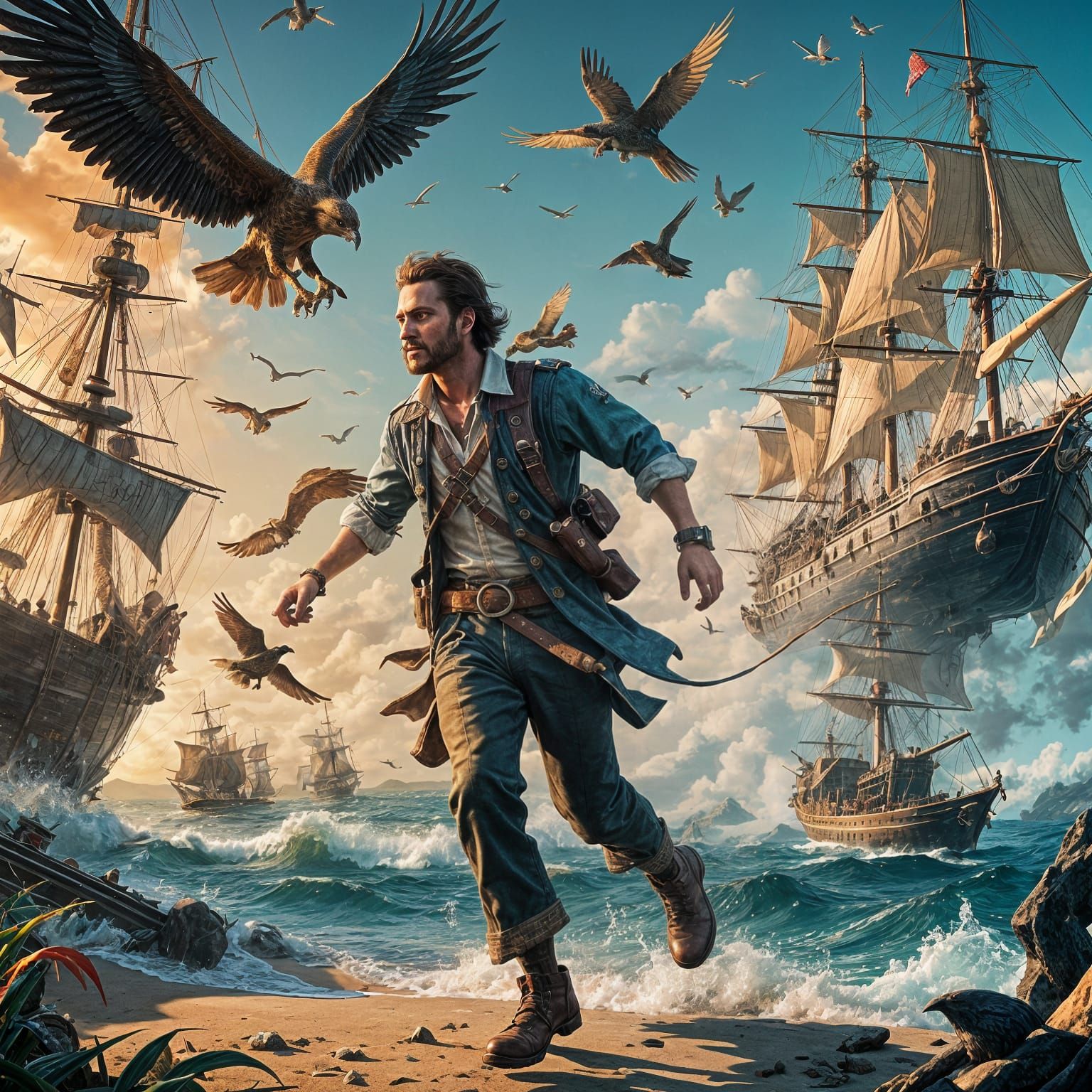 Exotic Bird of Prey Chasing Sailor on Seaside