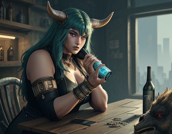 Plus-Sized Minotaur Barbarian in Cyberpunk Manga Style