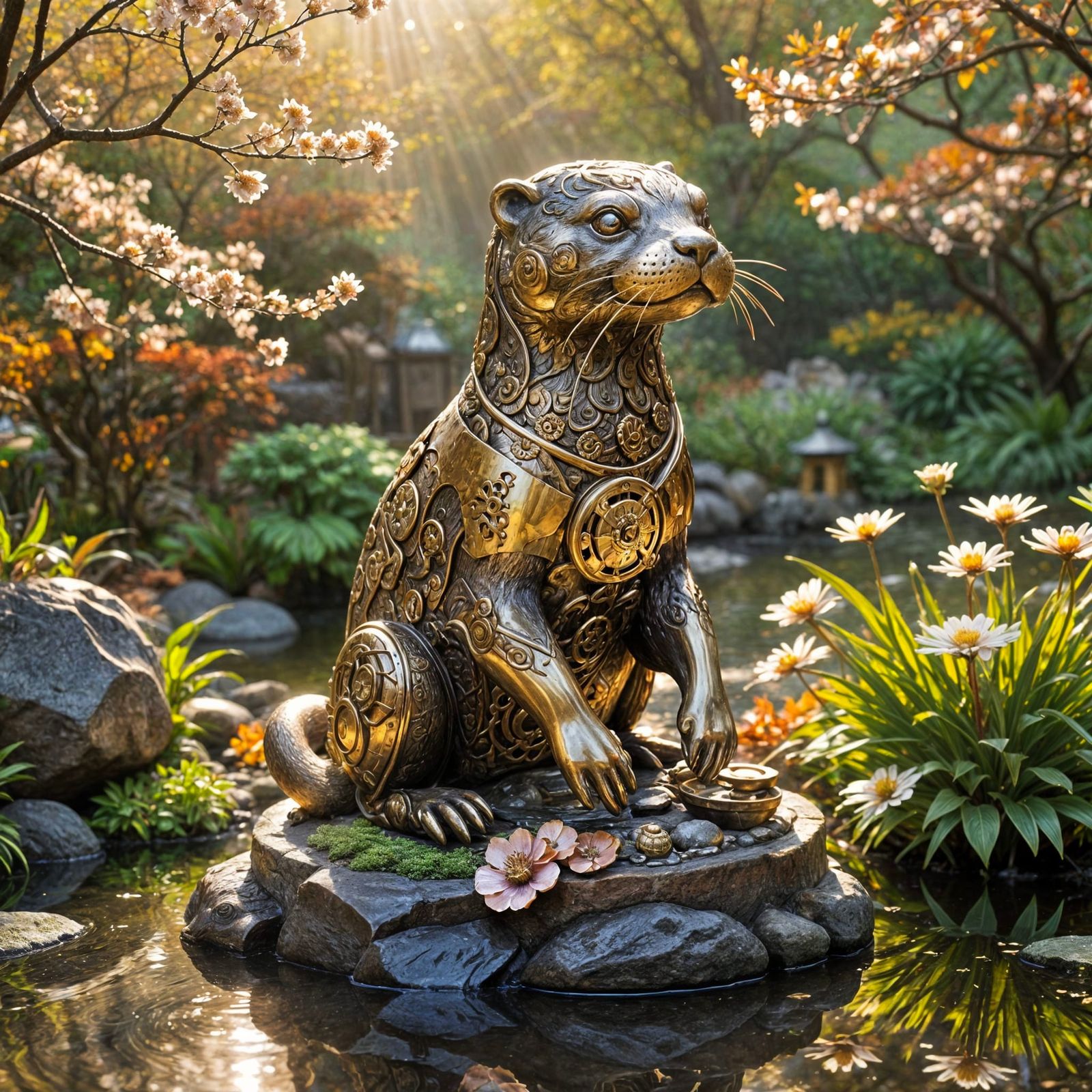 Clockwork Otter in Vibrant Autumn Japanese Garden