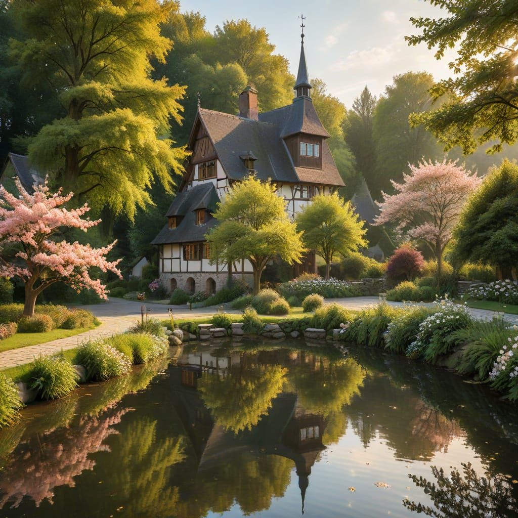 Idyllic European Cottage by Pond in Golden Hour Light