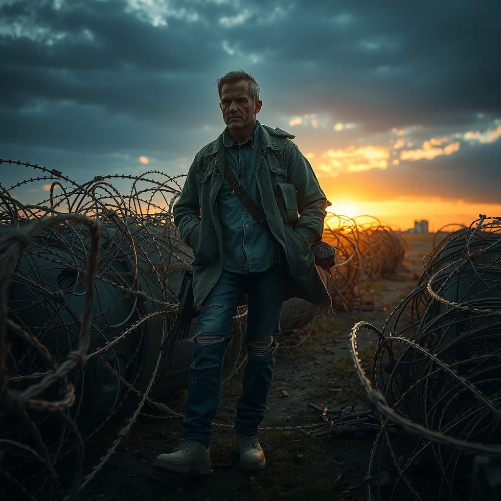 Weathered Warrior in Barbed Wire Sea: Dystopian Concept Art