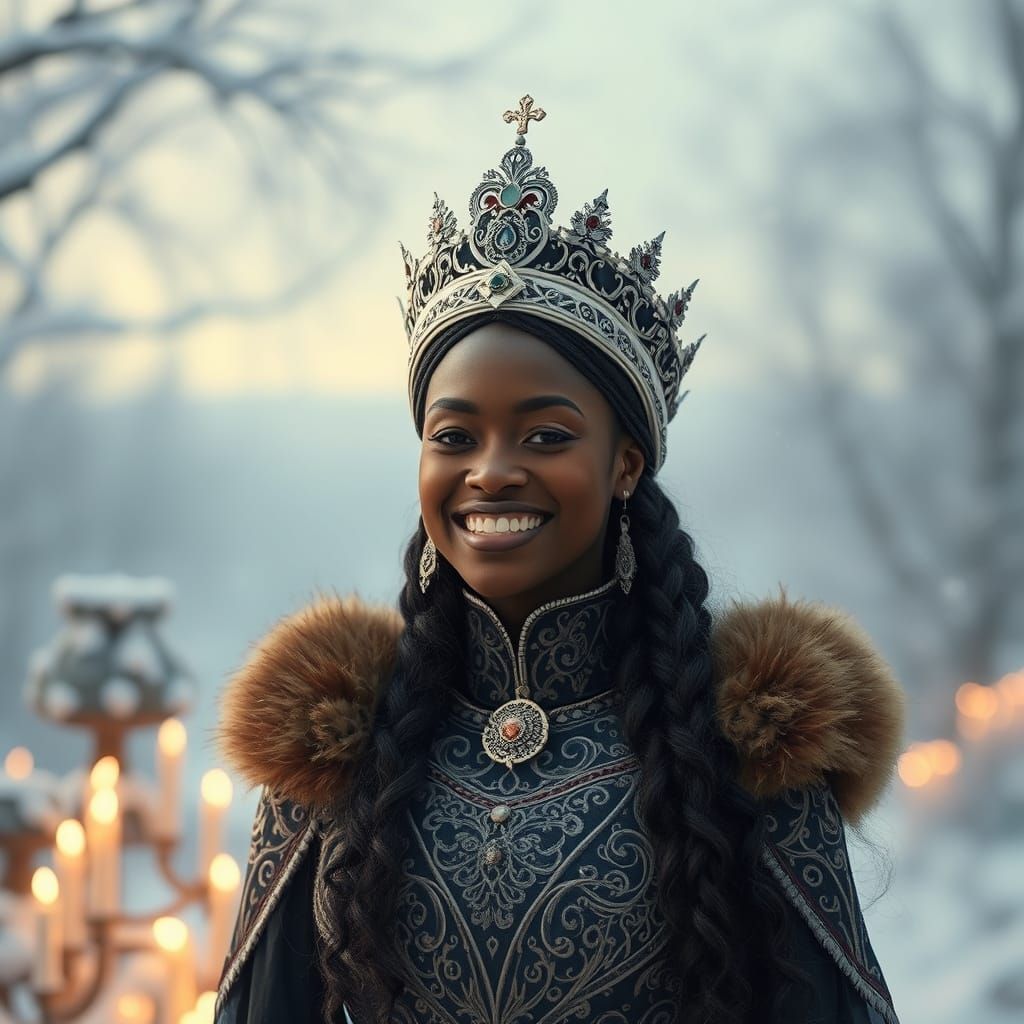 Regal Dark Skinned Winter Queen in Enchanted Snowy Narnia