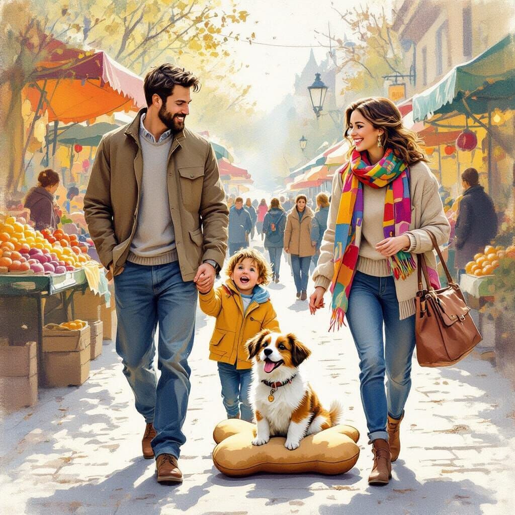 Family Encounter with a Dog at Market