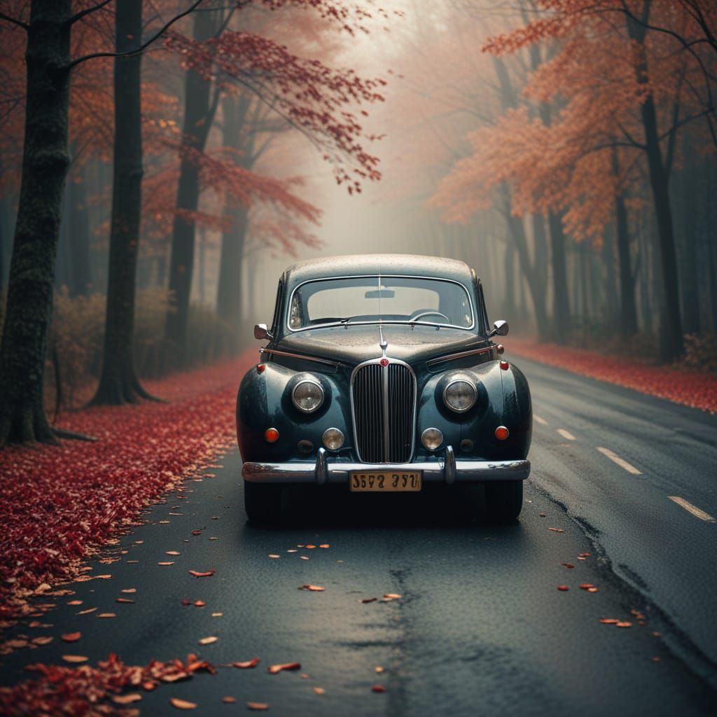 Film Noir: Vintage Car on Autumn Road