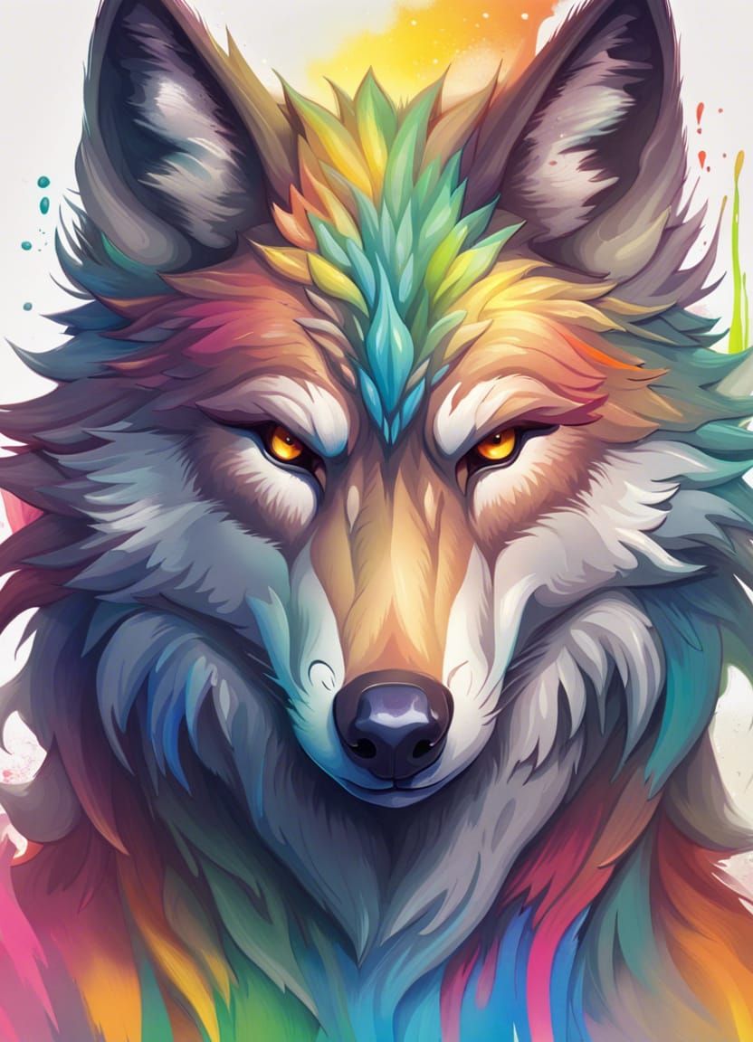 Rainbow Wolf Splash Art in Oil Painting Style