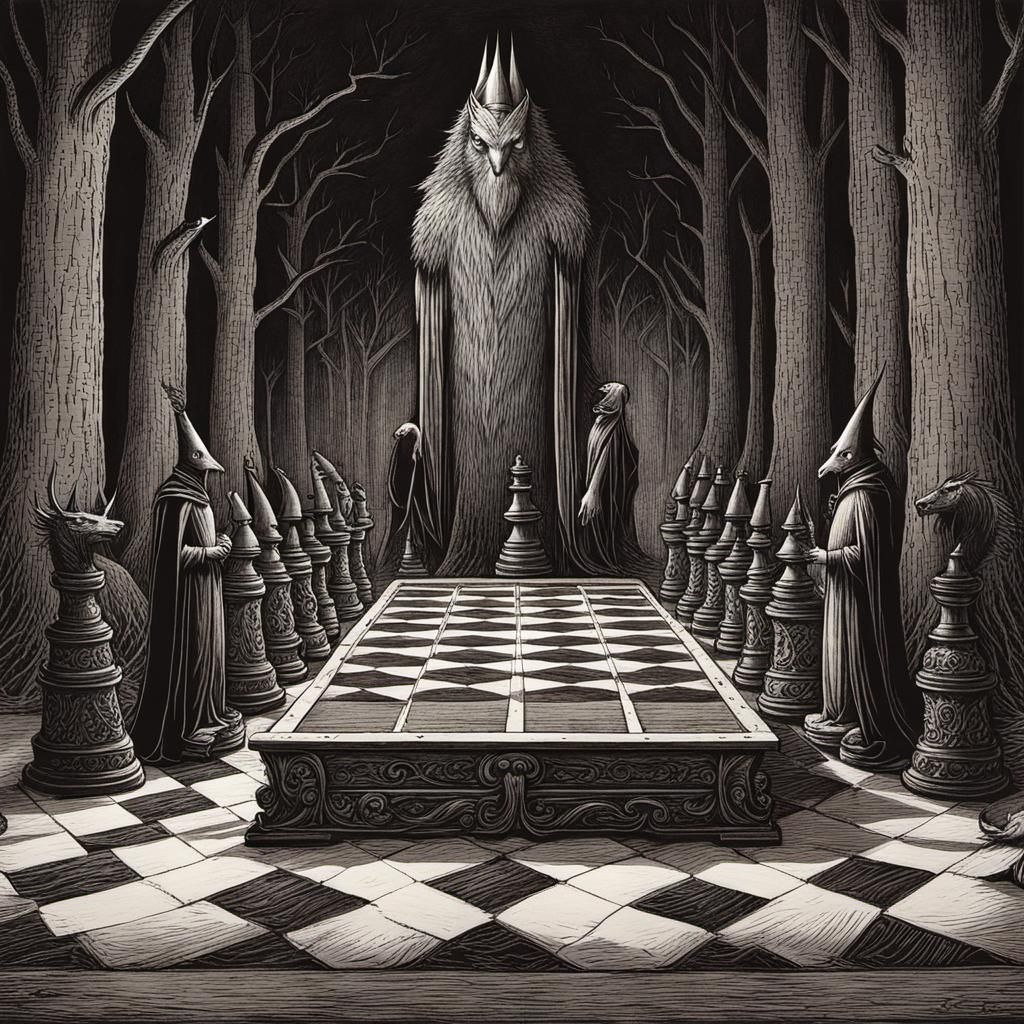 Menacing Creature on Chessboard in Gothic Horror Style