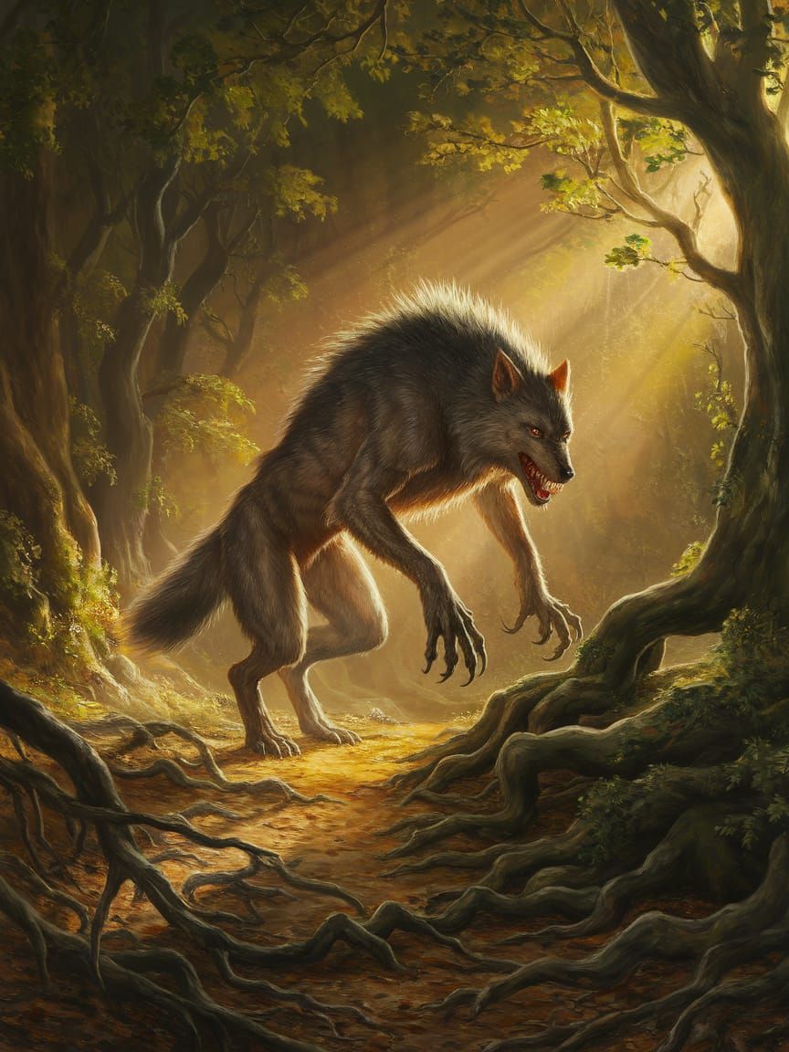 Werewolf Transformation Oil Painting in Forest Light