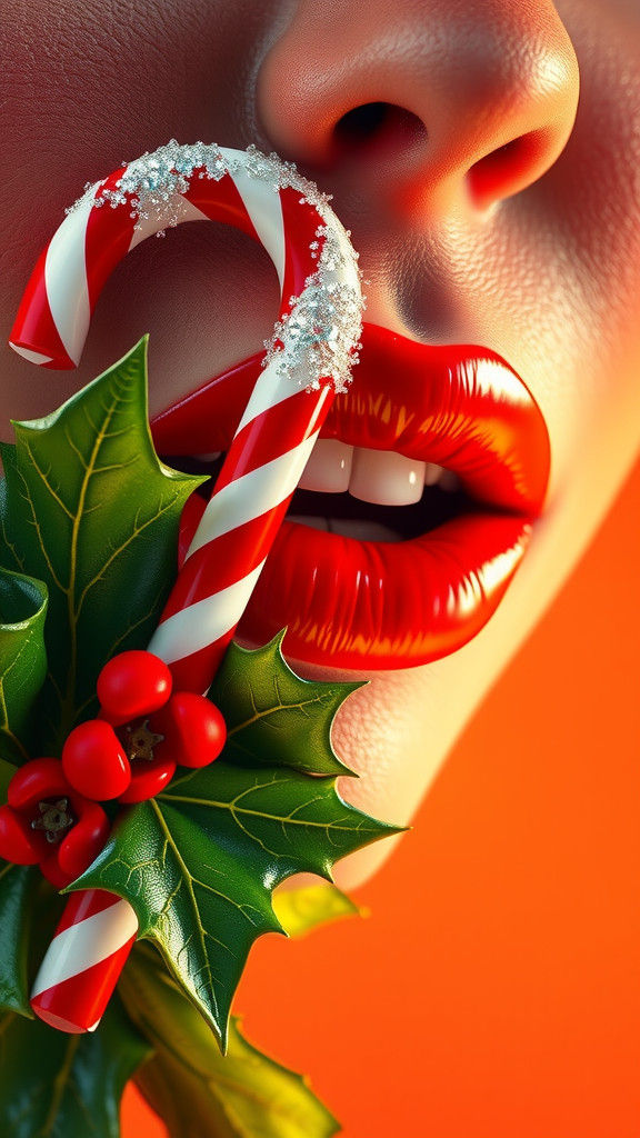 Festive Red Lips with Candy Cane in Pop Art Style