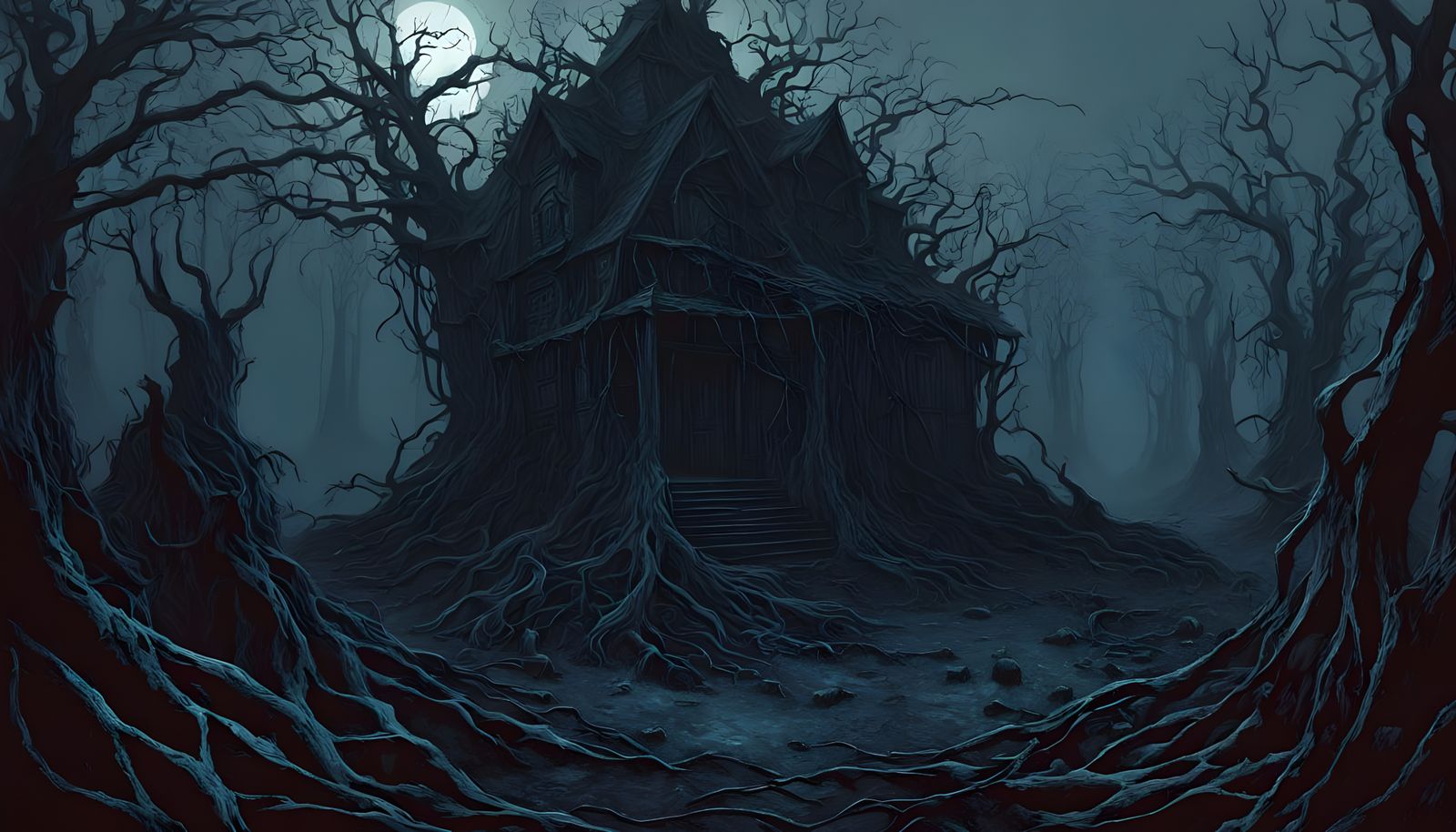 Creepy Garden with Decayed Leaves and Red Orbs