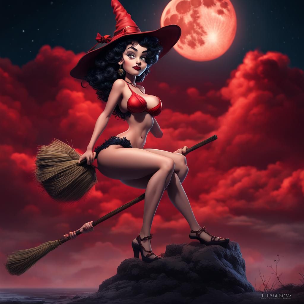 Betty Boop Witch Rides Broomstick on Moonlit Night