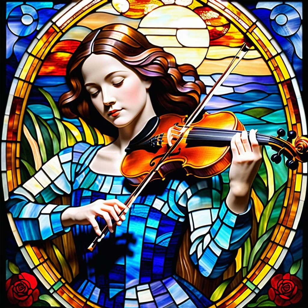 Violinist Mosaic in Stained Glass Under Harvest Moon