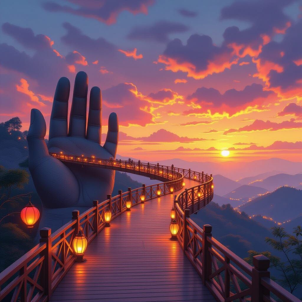 Golden Bridge in Ba Na Hills at Sunset