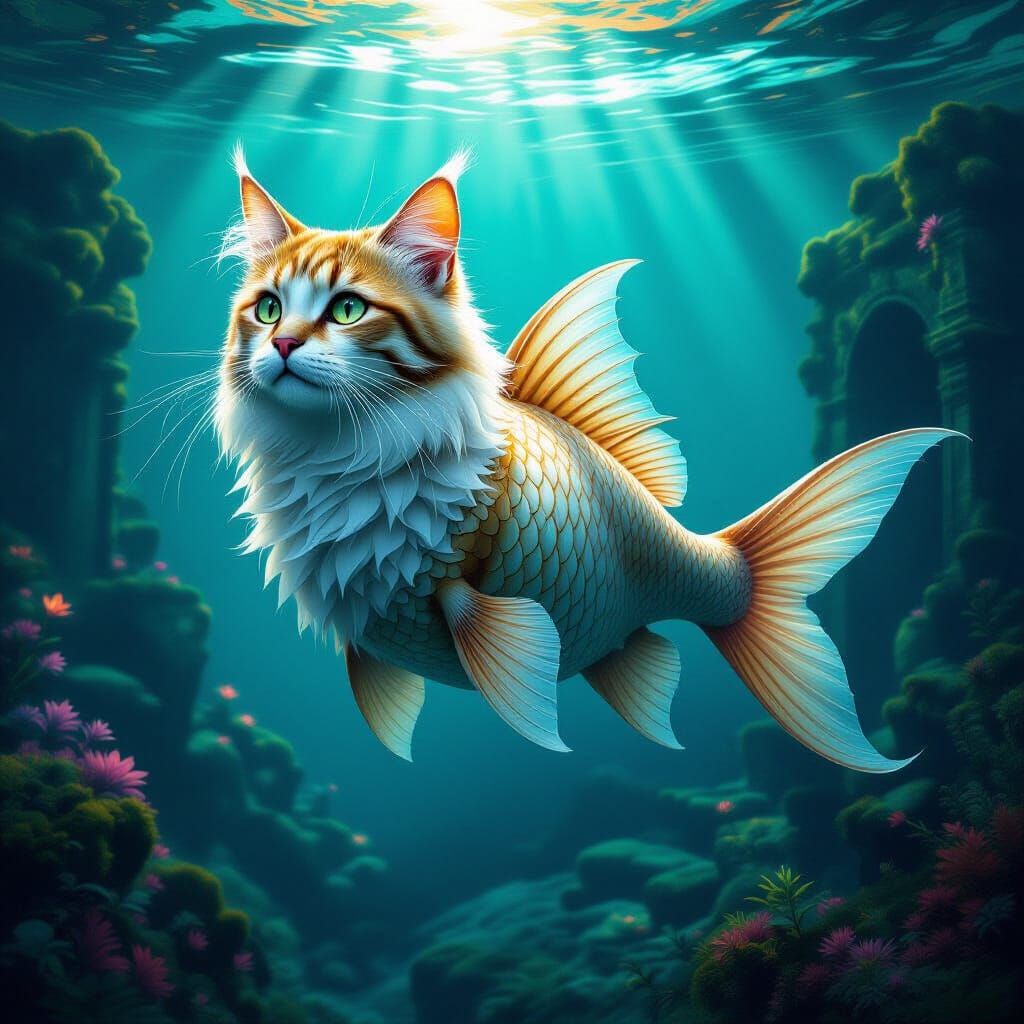 Hyper-Realistic Cat-Fish Hybrid Creature Underwater