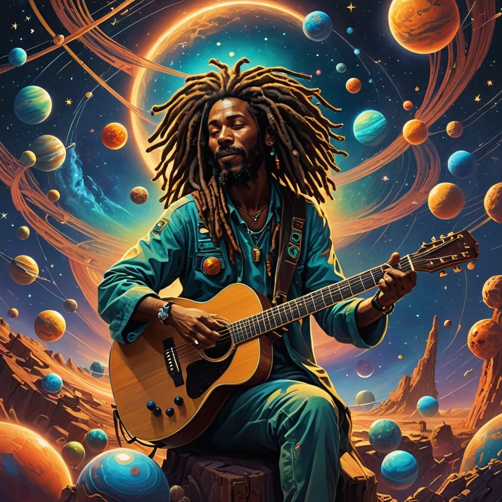Reggae Musician in Celestial Afrofuturist Art