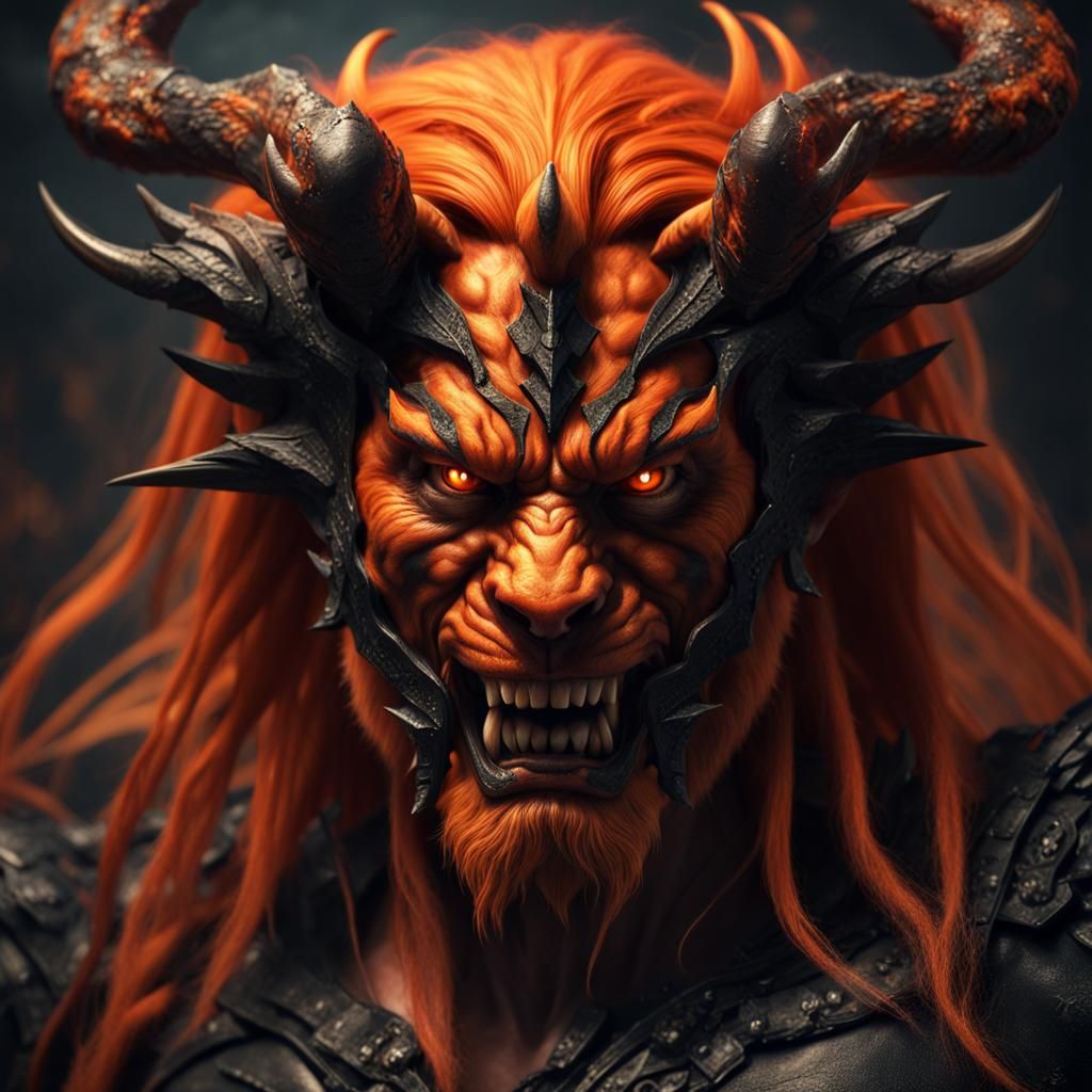Hyperrealistic Tiger-Headed Demon with Orange Hair and Wings