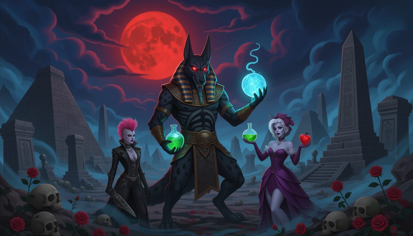 Gothic Ravenloft Landscape with Anubis Werewolf and Blood Mo...