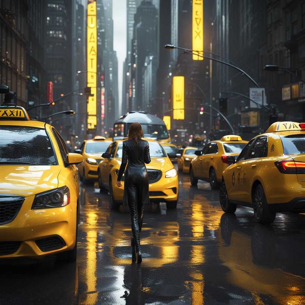 Rainy Manhattan Street: Pregnant Woman and Yellow Cab