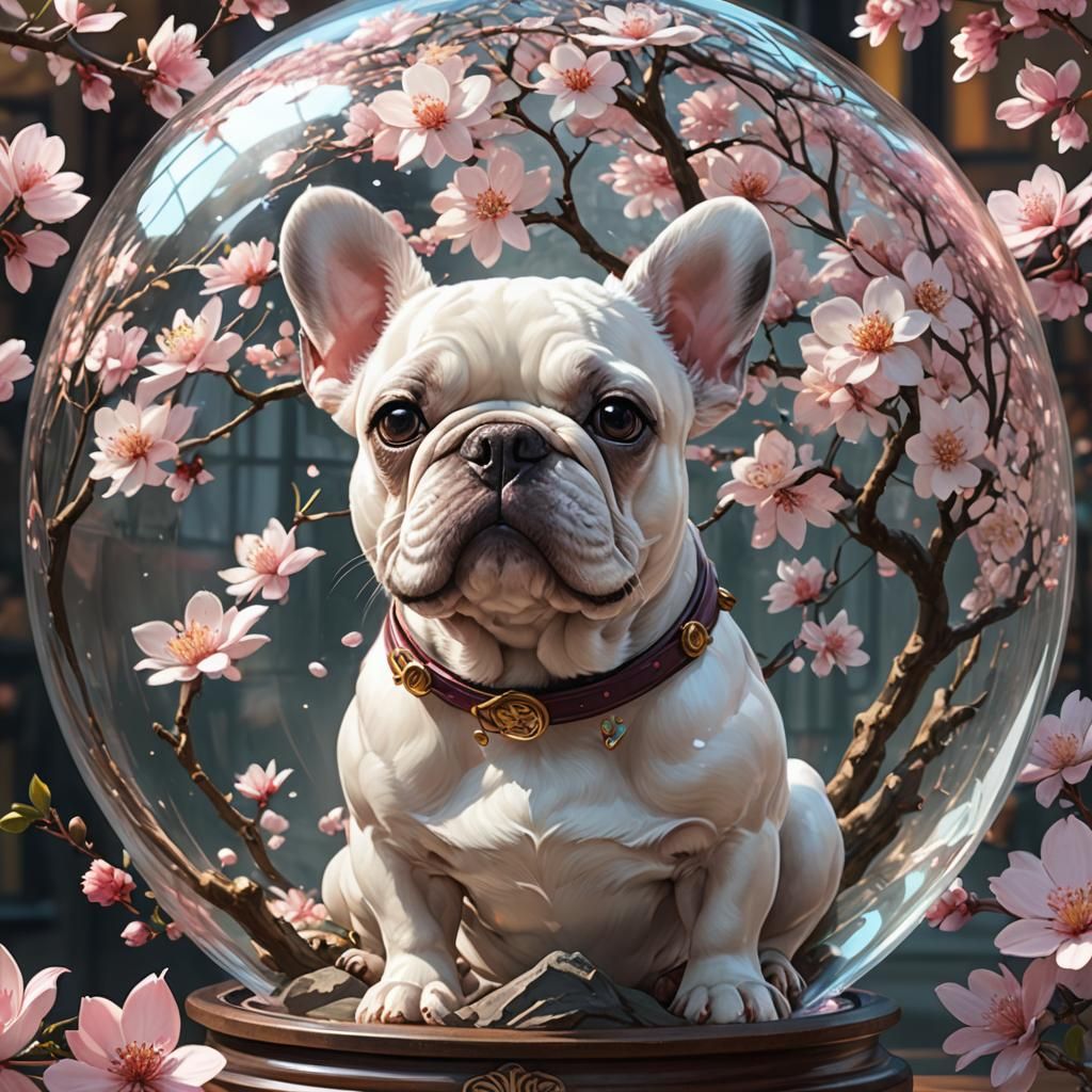 Frenchie in Glass Globe with Blossoms, Hyperdetailed Art