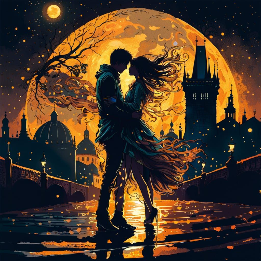 Lovers Dancing Under Bioluminescent Moon in Prague