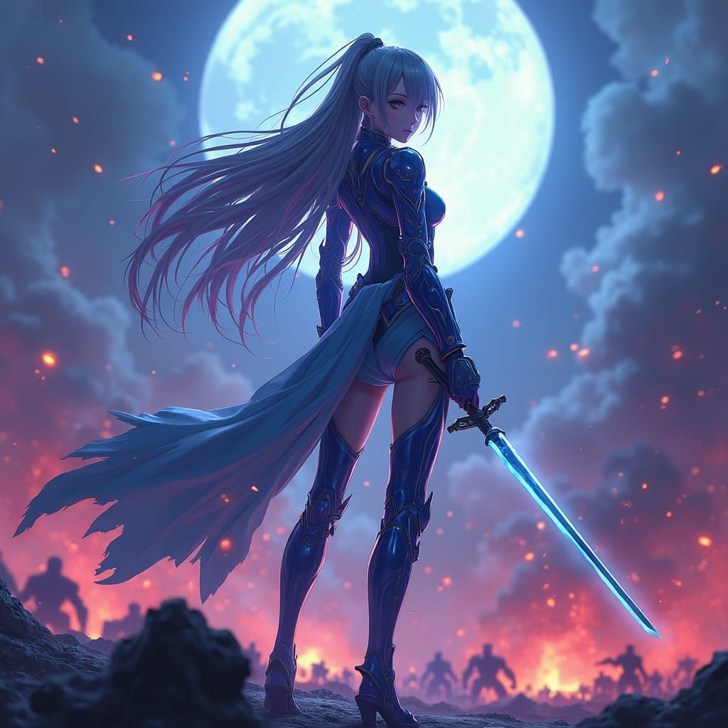 Anime Swords-woman on Battlefield in Vibrant Style