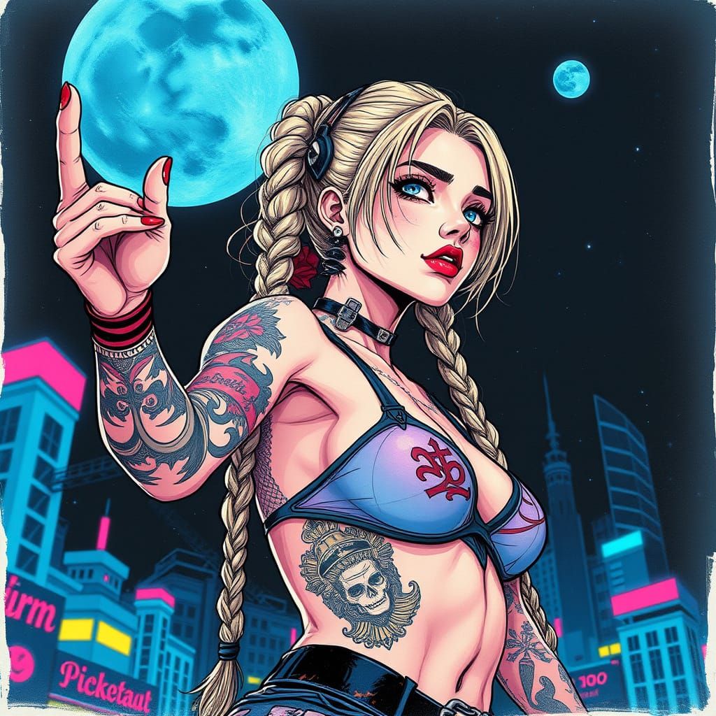 Cyberpunk Goddess in Vibrant Night Sky