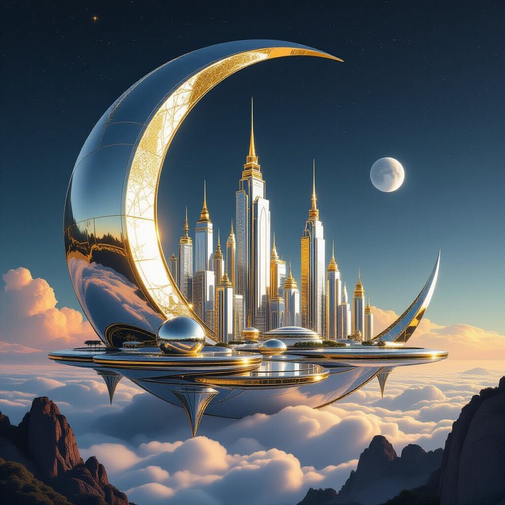 Futuristic City on Crescent Moon in Chrome and Gold