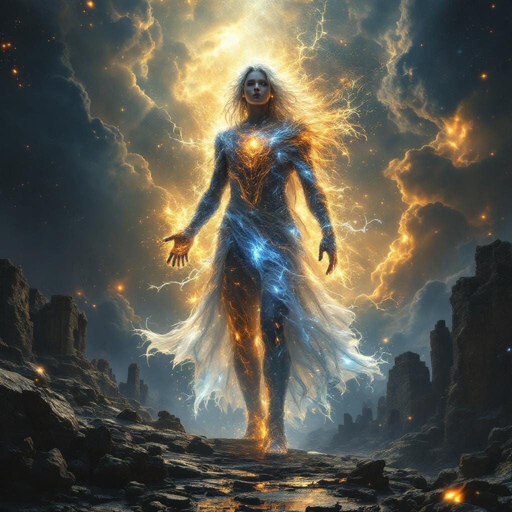 Cosmic Being Atop Ancient Ruins in Ethereal Sci-Fi