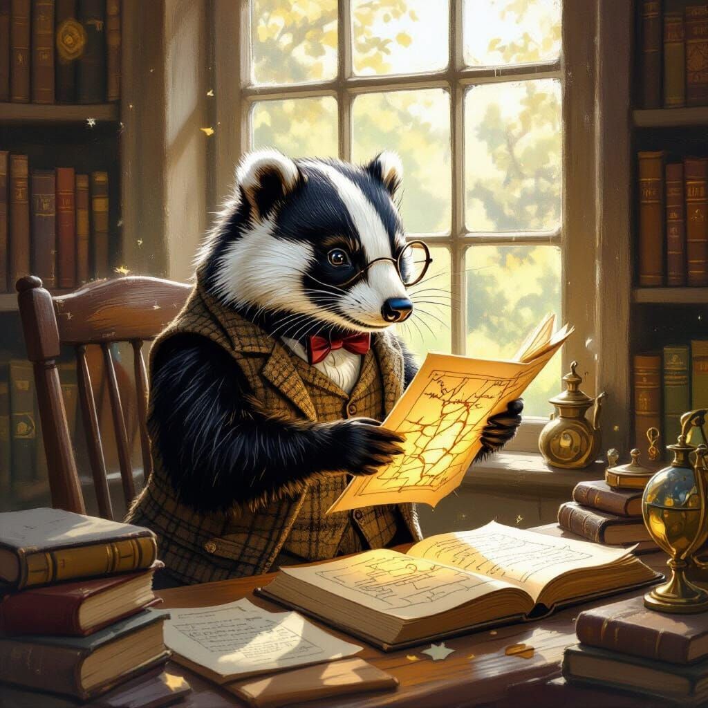 Badger Cartographer in Sunlit Study: Storybook Illustration